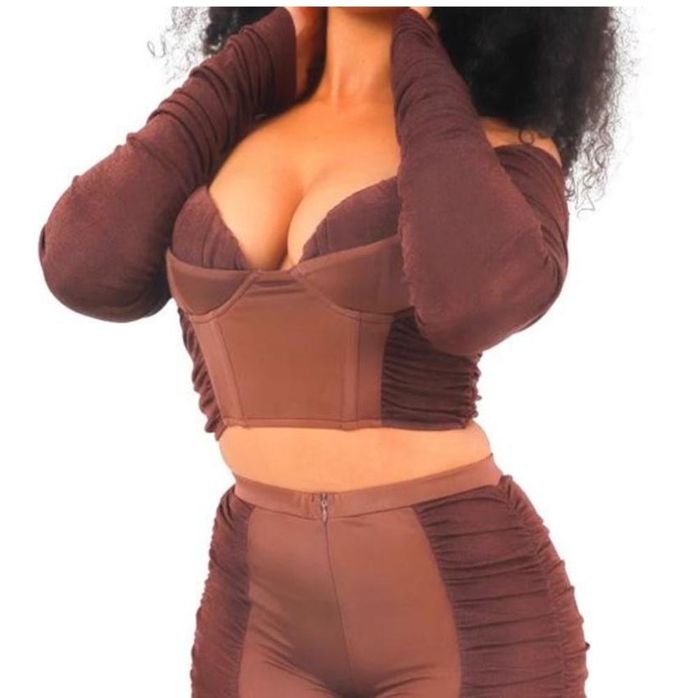 Bad Society Club Brown Ruched Corset Top XL  Long Sleeve Mesh Halter Crop Top